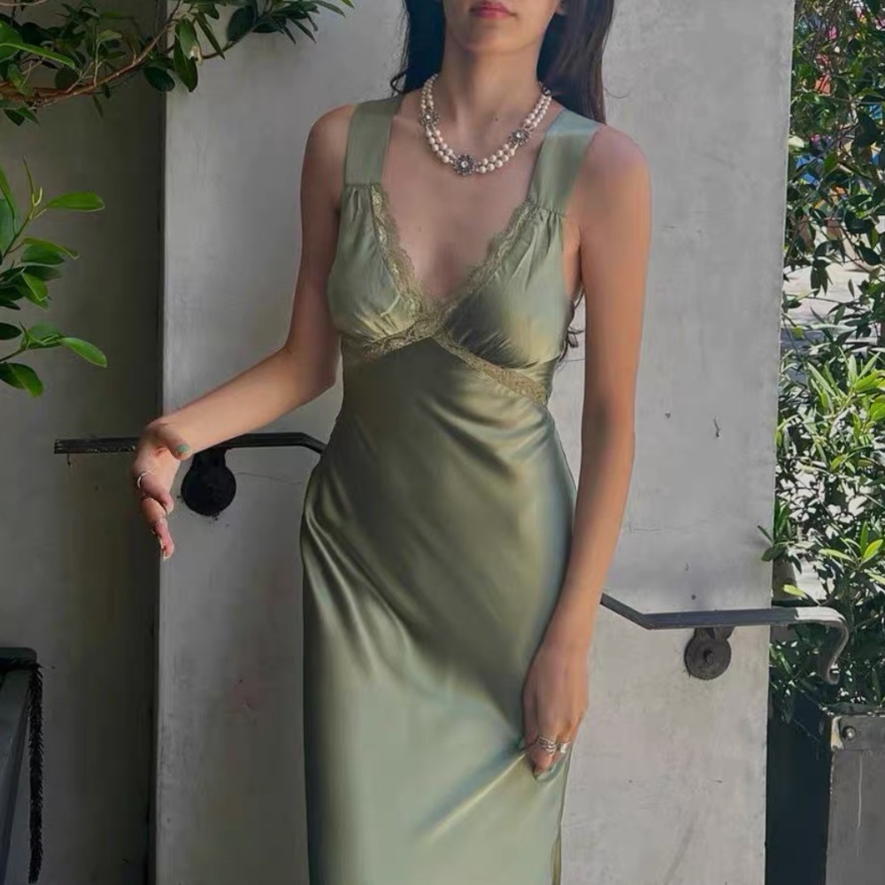 Reformation Olive Green Satin Midi Dress